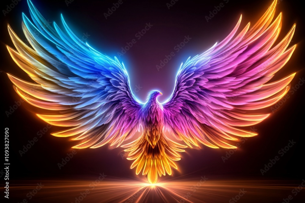 Poster Angel with translucent wings, digitally illustrated in 3D with light beams refracting through the feathers, creating a rainbow effect
