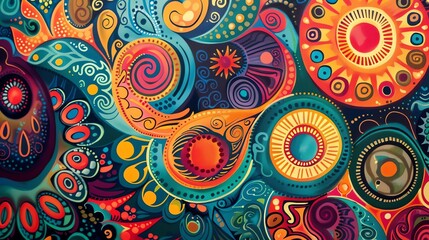 Fototapeta premium A colorful abstract pattern with swirls, dots, and circles.