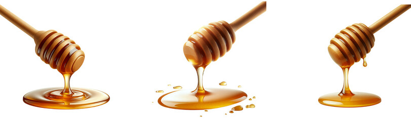 Close-Up Sequence of Honey Dripping from a Wooden Honey Dipper in Three Stages isolated on transparent and white background