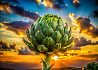 Captivating Silhouette Photography of Carciofo Verde Against a Dramatic Sunset Background, Showcasing its Unique Shape and Texture in a Striking Visual Composition