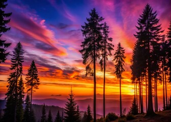 Captivating Silhouette Photography of the Enchanting Schwarzwald Forest at Dusk, Highlighting the Majestic Trees Against a Colorful Sunset Sky