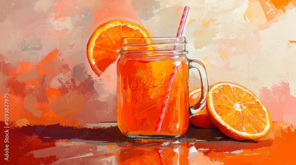Poster refreshing citrus drink in glass jar with striped straw and orange slices against abstract colorful 