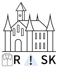 Fototapeta premium Gothic cathedral with tall spires and arches. Below text RSK with exclamation mark and shirt icon. Ideal for architecture, danger, caution, risk management, historic preservation, signage