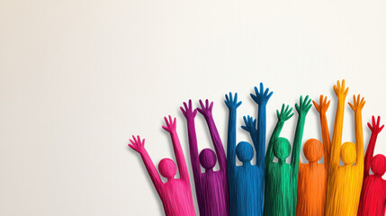 Colorful figures with raised hands celebrate diversity and inclusion. This vibrant image showcases unity and joy, emphasizing importance of togetherness and acceptance