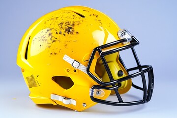 Fototapeta premium Football American helmet close-up, showing scuffs and scratches that tell the story of a hard-fought game