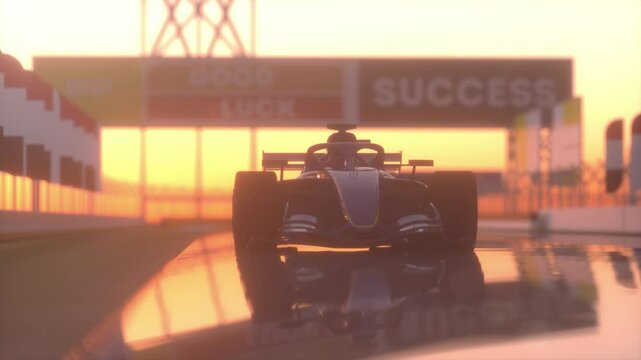 A racing car is shown in a race track with a sunset in the background