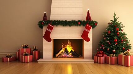Cozy Christmas scene with a fireplace, decorated with stockings and a garland, presents, and a decorated Christmas tree.