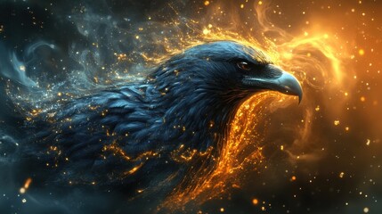 Fototapeta premium Fiery eagle portrait, digital art. A majestic bird of prey, engulfed in swirling flames and cosmic dust. Dark and golden hues dominate this stunning piece.