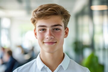 Obraz premium Close-up of a confident young European man. Young handsome man, teenage leader, CEO, male businessman on blurred office background. Handsome young European businessman smiles at the camera