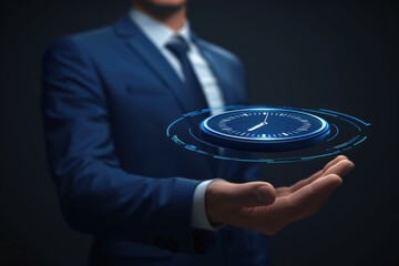 A man in a suit holding a clock in his hand