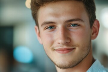 Close-up of a confident young European man. Young handsome man, teenage leader, CEO, male businessman on blurred office background. Handsome young European businessman smiles at the camera