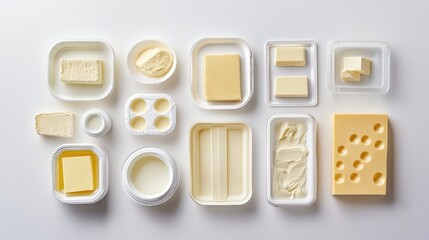 Various Types of Dairy Products Displayed in Containers on White Background for Culinary and Food Photography Use