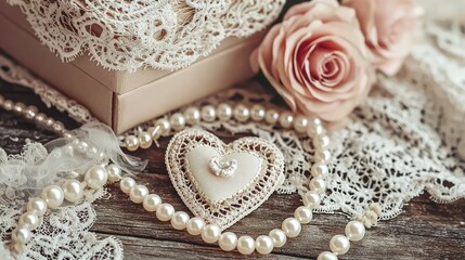 Obraz premium Romantic Vintage Composition with Lace, Roses, Pearls, and Heart-Shaped Decoration on Rustic Wooden Background for Wedding or Special Occasion Themes
