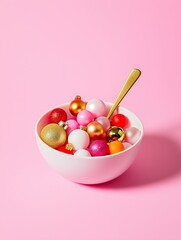A white bowl full of red, gold, pink and orange christmas ornaments on a pink background. Christmas diet in a fun, playful style. 