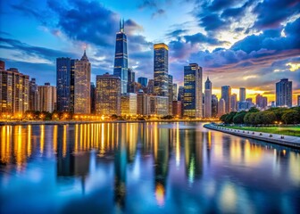 Naklejka premium Captivating Twilight Cityscape of Chicago: A Stunning View of Downtown Illuminated by the Blue Hour Glow with Skyscrapers and Reflections on the Water