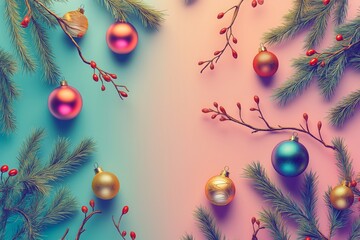 Frame made of christmas decoration on a vibrant colour background. Flat lay, top view.	