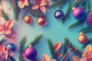 Pattern made of christmas decoration on a vibrant colour background. Flat lay, top view.	