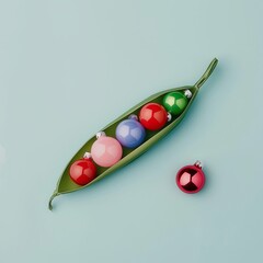 A pea pod with colorful Christmas ornaments inside on a blue pastel background. Minimal Christmas concept.