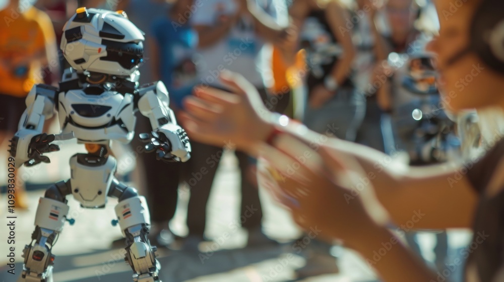 Poster blurry figures can be seen frantically shouting instructions as they guide their robots through the 