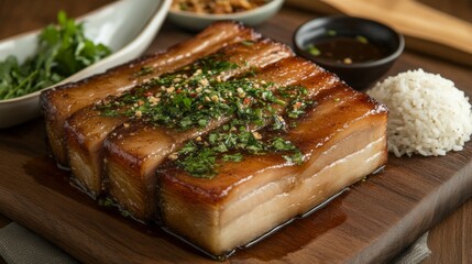 Succulent Braised Pork Belly with Fresh Herbs and Rice Served on a Wooden Platter, Perfectly Garnished for an Exquisite Culinary Presentation