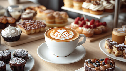A barista making a latte art design on a freshly brewed coffee while a selection of pastries and cakes are arranged on the counter