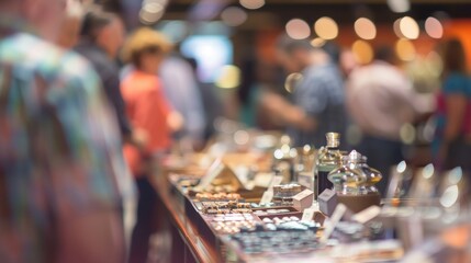 In the background blurred individuals eagerly converse over their chosen auction items their excitement palpable.