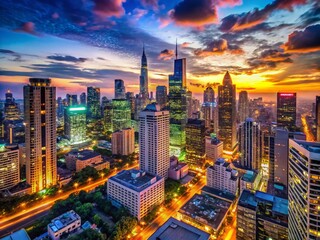 Naklejka premium Captivating View of a Modern Cityscape at Dusk with Skyscrapers, Urban Vibes, and Lively Streets Captured in Candid Photography Style for Stunning Visual Appeal