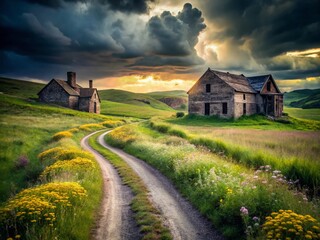 Captivating View of a Winding Road Leading to the Ruins of an Abandoned Farm Surrounded by Rustic Foliage and Distant Hills Under a Dramatic Sky