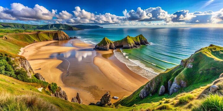 Captivating View of Three Cliffs Bay on Gower Peninsula, West Glamorgan, Showcasing Stunning Welsh Coastline and Natural Beauty, Ideal for Travel and Tourism Imagery