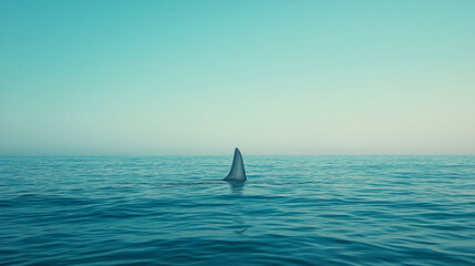 Fototapeta premium lone shark fin breaks the surface of the calm ocean symbolizing hidden dangers and the unknown capturing the viewer's attention as the tranquil water contrasts with the implied threat of the unseen pr