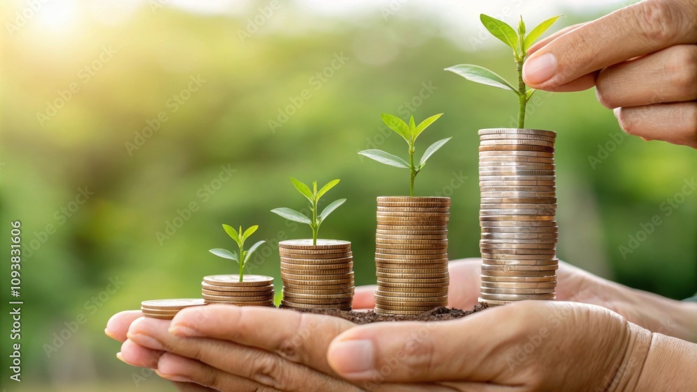 Poster a pair of hands holding a growing stack of coins with each layer symbolizing years of growth through