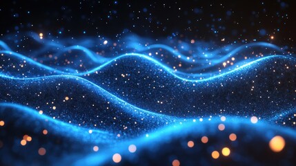 Abstract blue and gold glowing particles creating waves on a black background.