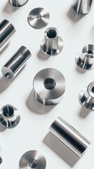 A Varied Collection of Precision Metal Components Arranged on a White Background Showcasing Industrial Design, Machine Parts, and Engineering Excellence