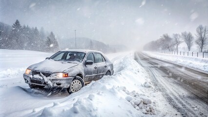 Car Crashed on a Snowy Highway During a Severe Snowstorm: A Minimalist Perspective of Winter's Harshness and the Challenges of Driving in Extreme Weather Conditions