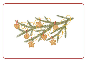 A Christmas tree branch and gingerbread decorations. Gingerbread. Christmas. Christmas elements. Garland. Color digital illustration. The print is used for packaging design, fabric.
