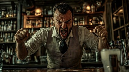 Obraz premium Intense Bartender with Focused Expression Yelling at Customers Behind a Bar Filled with Bottles in a Stylish, Vintage-Looking Bar Scene