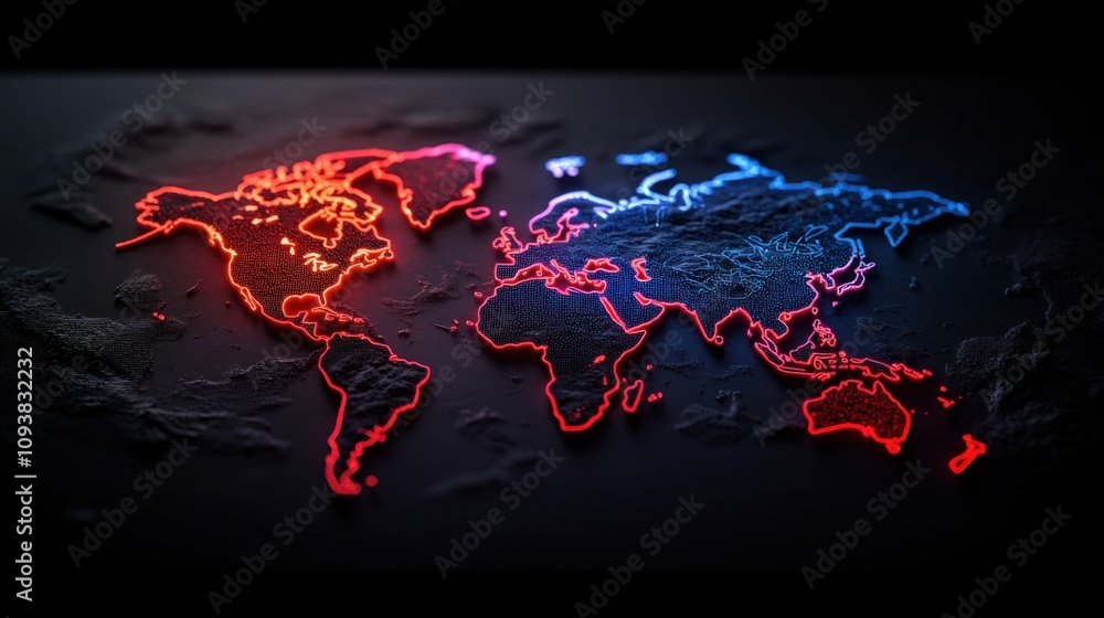 Poster abstract representation of a world map illuminated in neon red and blue with textured background, sy