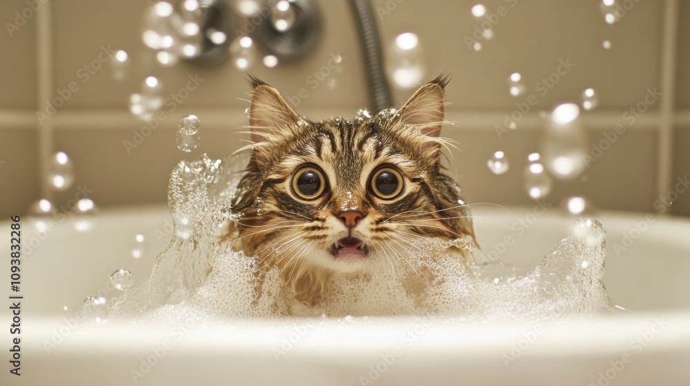 Poster a surprised cat in a bathtub surrounded by bubbles and water drops, capturing the playfulness and cu