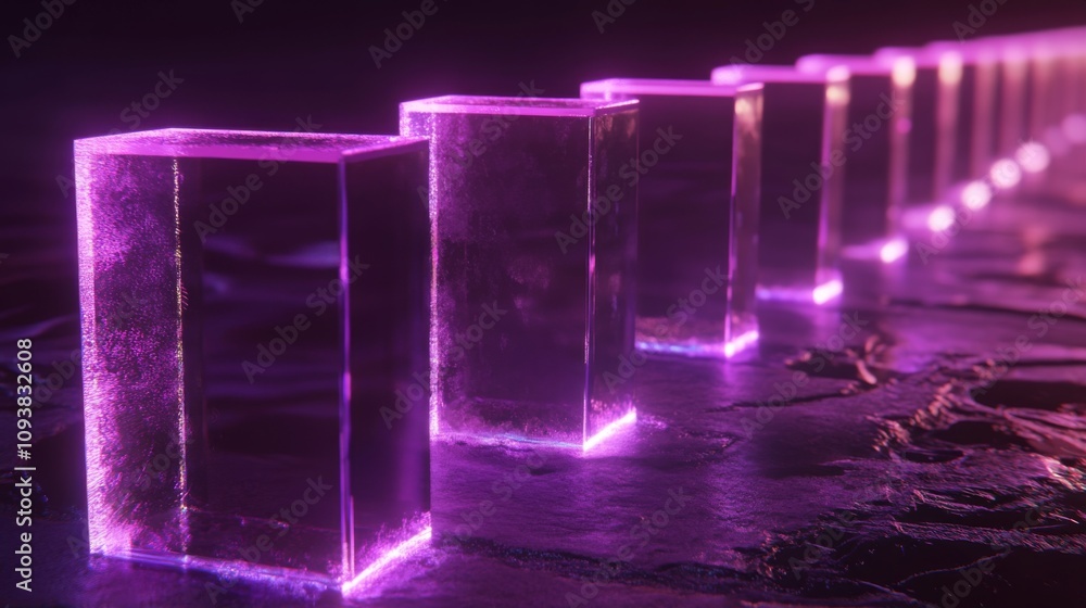 Fototapete abstract neon lights with transparent cubes in a dark environment, creating a futuristic and technol