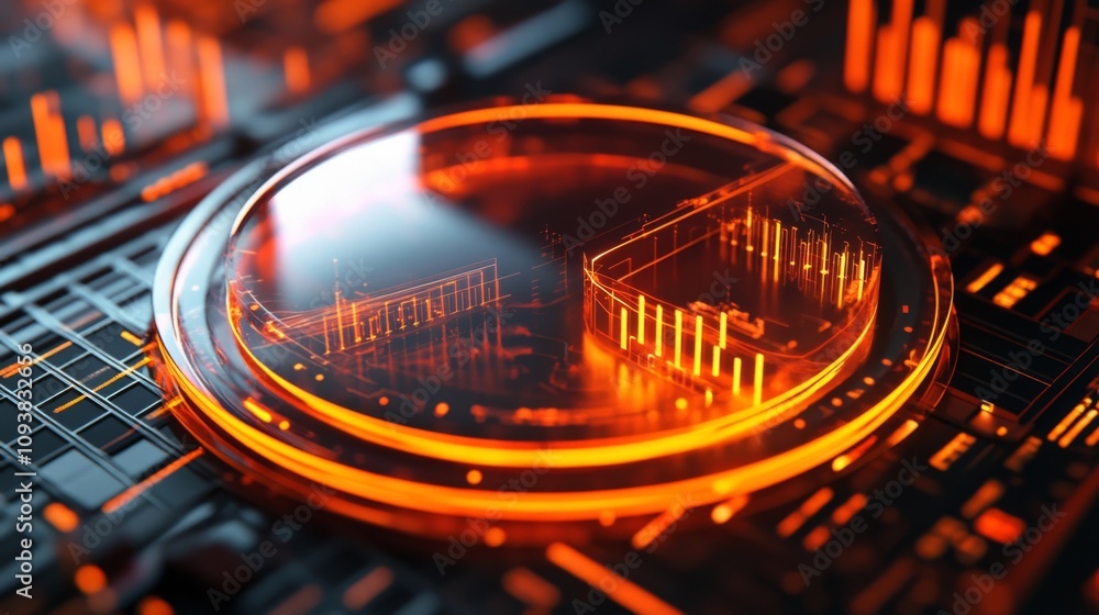 Poster abstract digital interface with circular element and vibrant orange visuals representing data analys