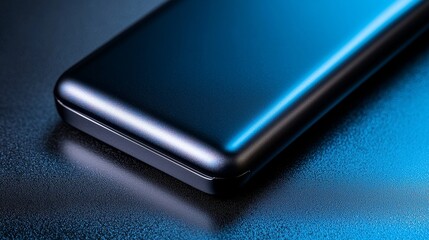 Sleek black power bank on a dark metallic surface, close-up showing smooth corners and high-end design, subtle lighting for premium aesthetic
