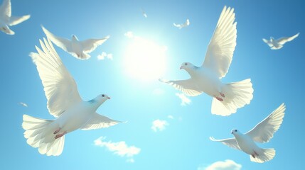 Fototapeta premium Serene Scene of White Doves in Flight Against a Bright Blue Sky with Radiant Sunlight and Fluffy Clouds Evoking a Sense of Freedom and Peace