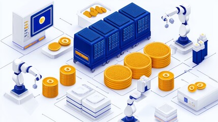 Smart factory with robotic arms and sensors producing eco-friendly animal feed, seamless production flow, advanced data monitoring, sustainable materials