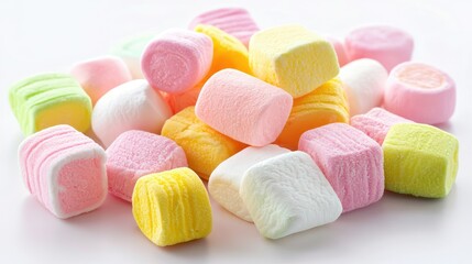 Colorful and Soft Marshmallows Piled Together on a White Surface, Perfect for Sweet Treats, Desserts, and Creative Culinary Uses in Confectionery Applications