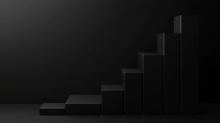 Abstract black bar chart representation on a dark background, showcasing a minimalistic design with varying heights to indicate growth and progress in data visualization.