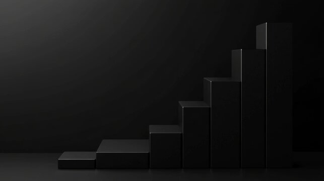 Abstract black bar chart representation on a dark background, showcasing a minimalistic design with varying heights to indicate growth and progress in data visualization.
