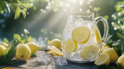 A Cold, Glass Pitcher of Freshly Made Lemonade, with a Few Slices of Lemon Floating Inside, Surrounded by Ice Cubes, Placed on a Rustic Wooden Table in an Outdoor Garden Setting, with Warm Sunlight