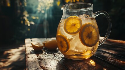 A Cold, Glass Pitcher of Freshly Made Lemonade, with a Few Slices of Lemon Floating Inside, Surrounded by Ice Cubes, Placed on a Rustic Wooden Table in an Outdoor Garden Setting, with Dimly Lit Shaded