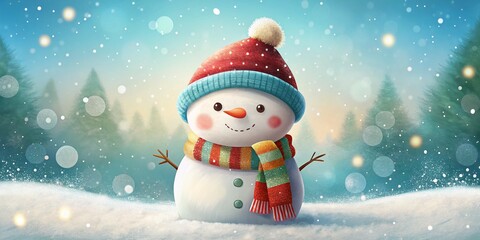 Fototapeta premium Charming Minimalist Cartoon Snowman with Santa Hat and Scarf in a Winter Wonderland, Emphasizing the Rule of Thirds for a Delightful Holiday Scene