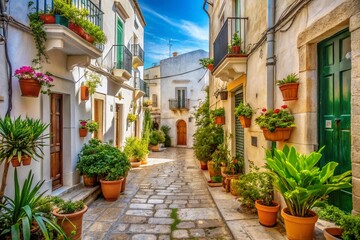Fototapeta premium Charming Narrow Streets of Martina Franca, Apulia, Italy with Vibrant Facades and Lush Greenery Captured in High Depth of Field, Showcasing Traditional Architecture and Scenic Views